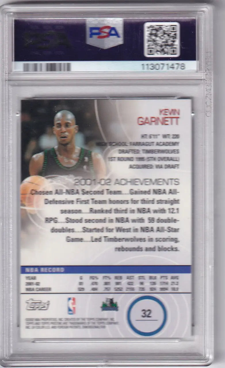 Graded Kevin Garnett basketball card from 2002 Topps Pristine PSA 9 Minnesota Timberwolves