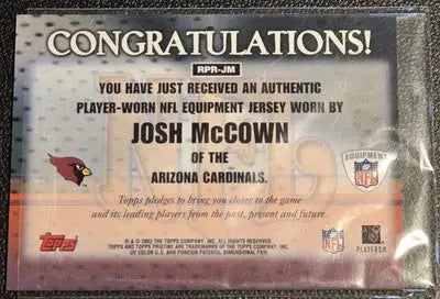 Josh McCown Arizona Cardinals rookie premiere jerseys card from 2002 Topps Pristine