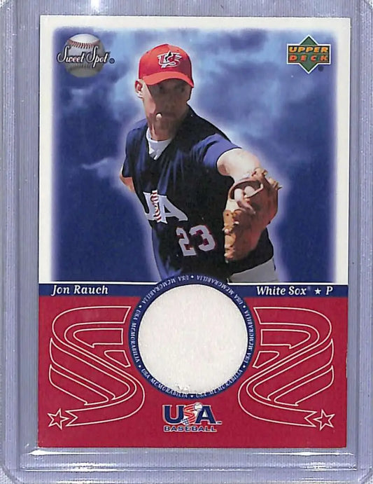 Baseball card of Jon Rauch in Upper Deck Sweet Spot USA design with jersey swatch