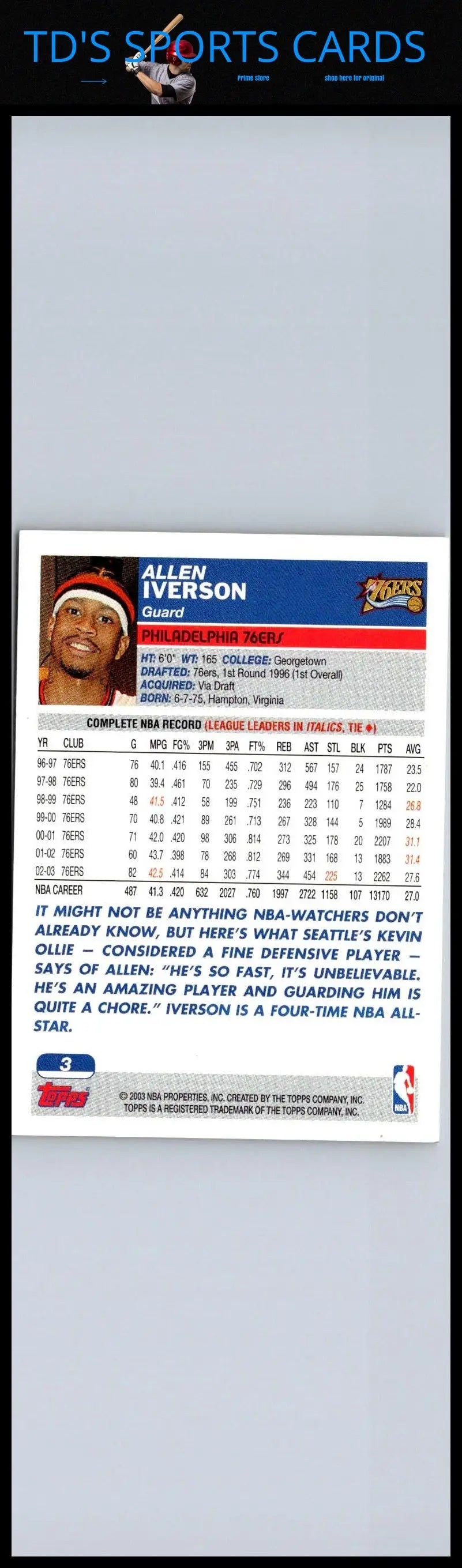 2003-04 Topps #3 Allen Iverson trading card showcasing the NBA legend’s iconic style
