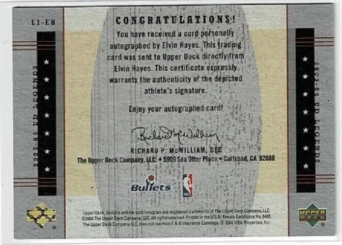 Autographed Elvin Hayes trading card certificate for Legends Elvin Hayes 2003-04 UD