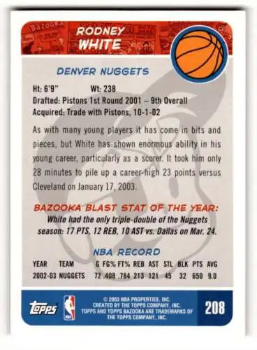 Rodney White Denver Nuggets basketball card with original gloss from 2003 Bazooka #208