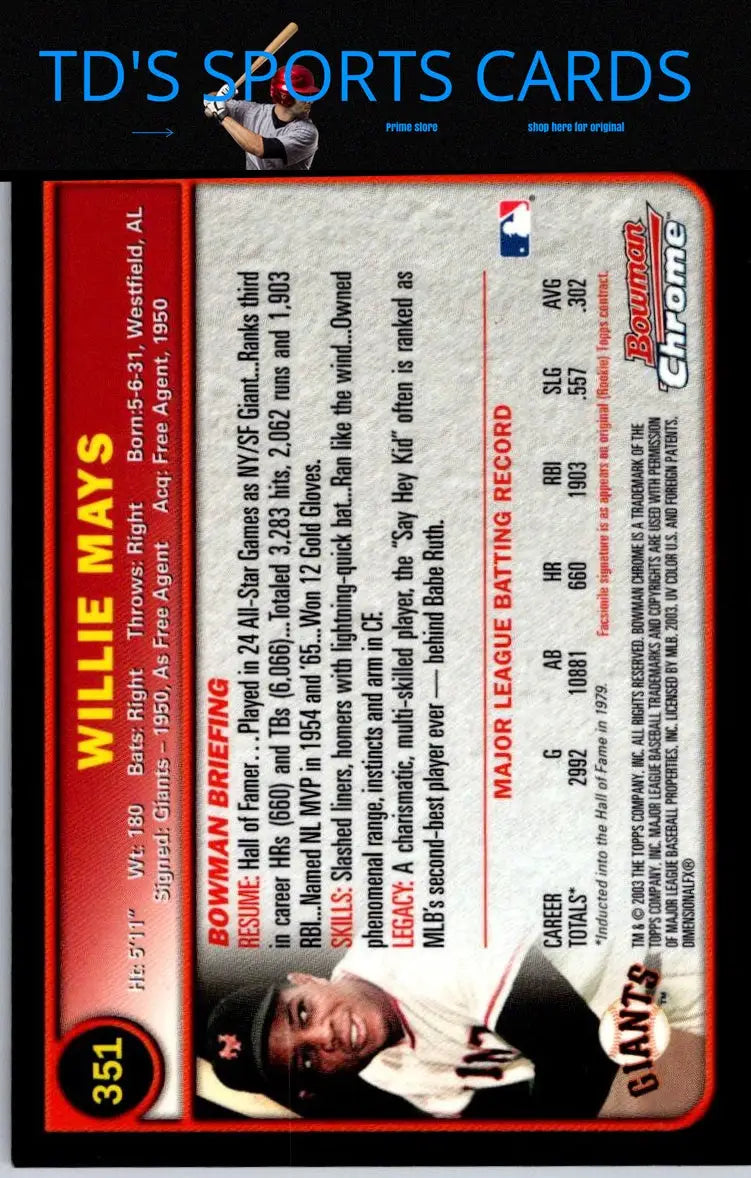 2003 Bowman Chrome #351 Willie Mays Trading Card – Iconic Baseball Legend