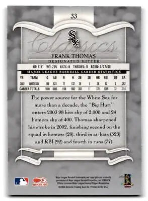 Back of 2003 Donruss Classics #33 Frank Thomas trading card showcasing player stats