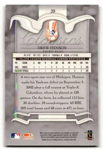 Original gloss 2003 Donruss Classics New York Yankees Baseball Card of Drew Henson