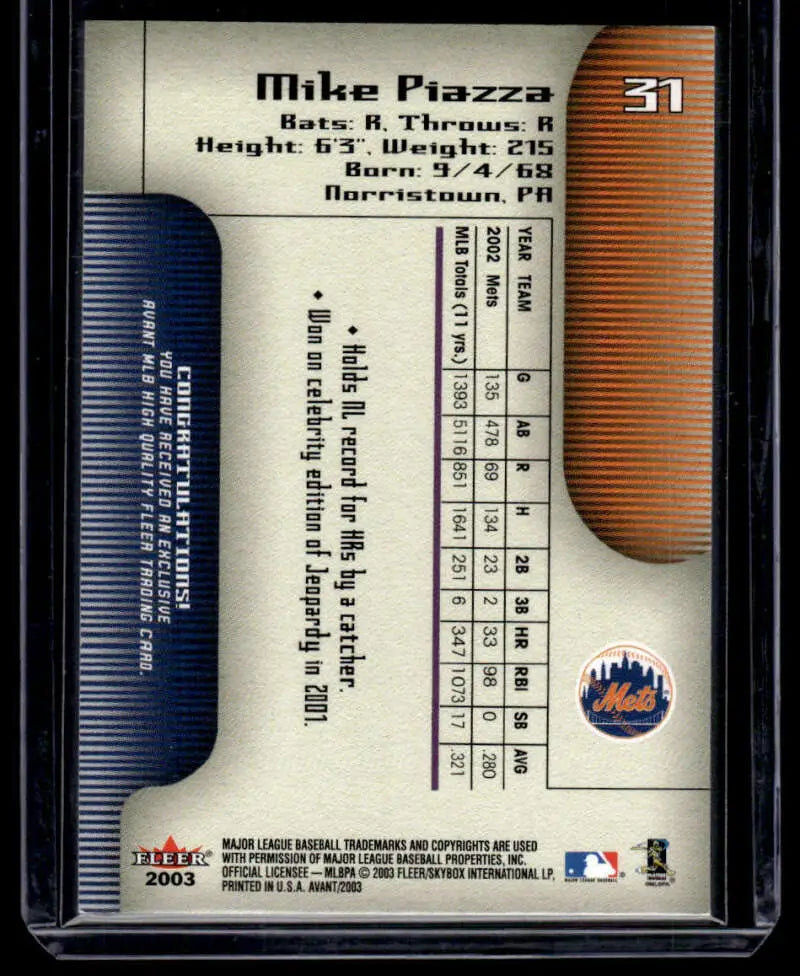 Baseball trading card back with statistics for Mike Piazza, Fleer Avant, New York Mets
