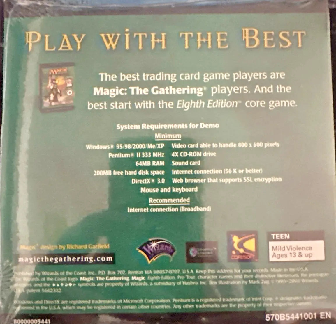 Back of Magic The Gathering demo disc box with system requirements and age rating