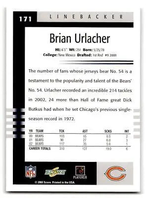 2003 Score #171 Brian Urlacher trading card for football collectors and fans
