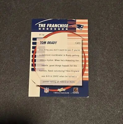 Tom Brady NFL trading card 2003 Score #TF-19 The Franchise featuring England Patriots