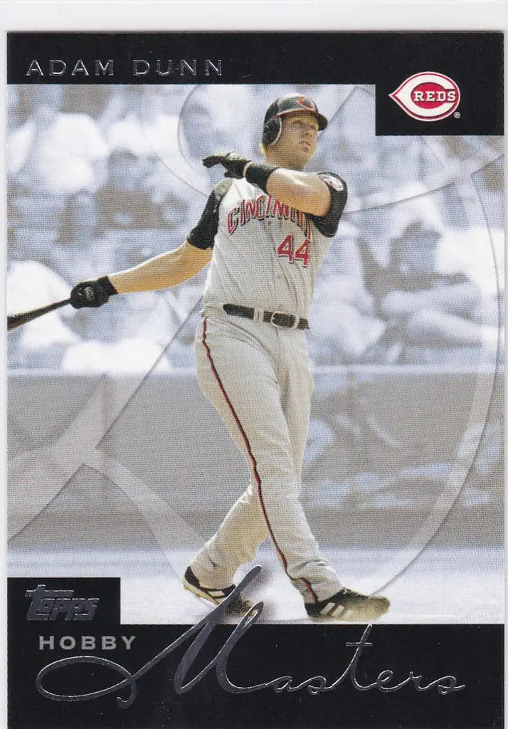 Baseball card of Adam Dunn swinging for the Cincinnati Reds in 2003 Topps Hobby Masters