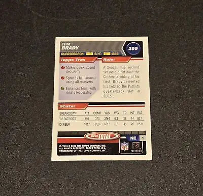 Tom Brady Topps Total Trax football card from 2003 Topps Total #299 for trading