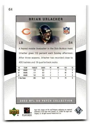 Brian Urlacher trading card from 2003 UD Patch Collection #64 featuring a premium design