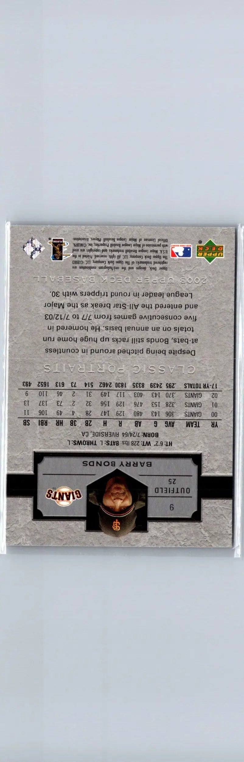 Baseball trading card featuring Barry Bonds from 2003 Upper Deck Classic Portraits