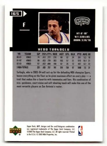 Hedo Turkoglu San basketball card from 2003 Upper Deck MVP, original gloss finish