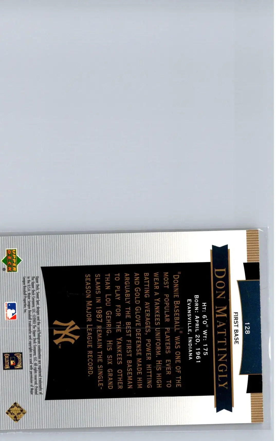 Baseball trading card of Don Mattingly from 2003 Upper Deck Sweet Spot Classic