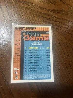 Barry Bonds Topps trading card featuring San Francisco Giants and 2003 OPS leaders