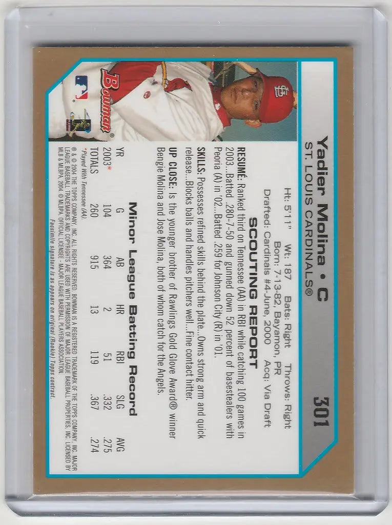 Baseball trading card of Yadier Molina in red cap, Bowman Gold, St. Louis Cardinals