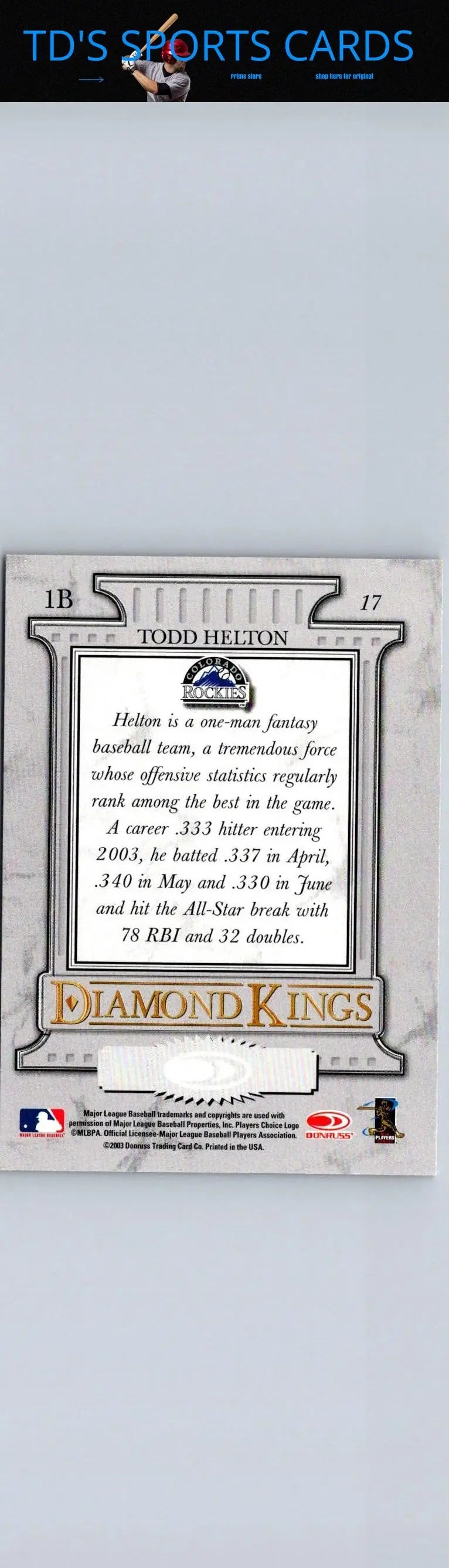 Todd Helton baseball card from 2004 Donruss featuring Helton Stat Line Career #/337