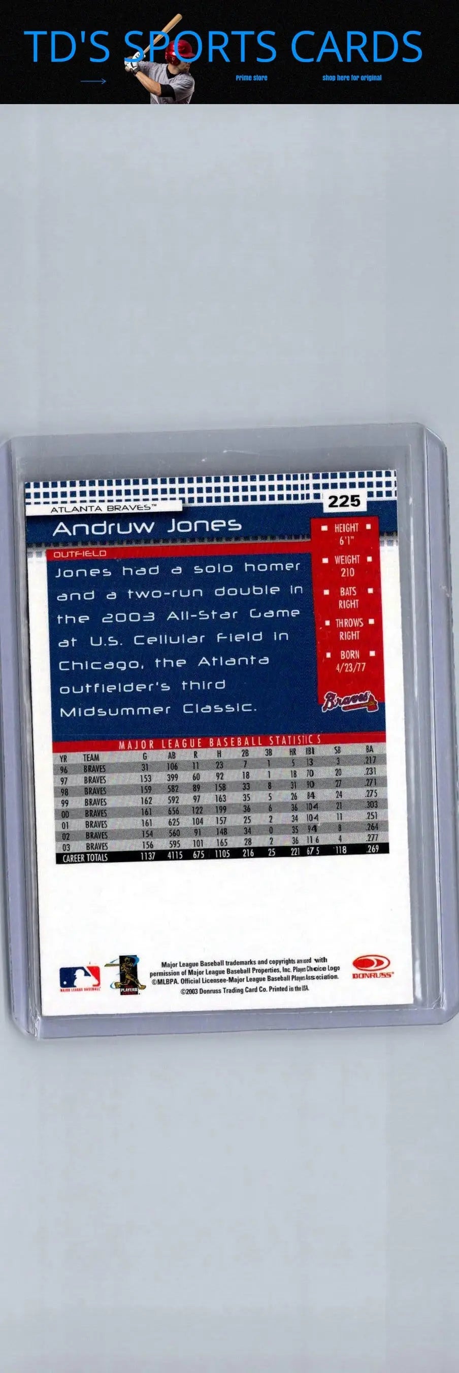 Andrew Jones baseball card from 2004 Donruss series featuring Andruw Jones #225