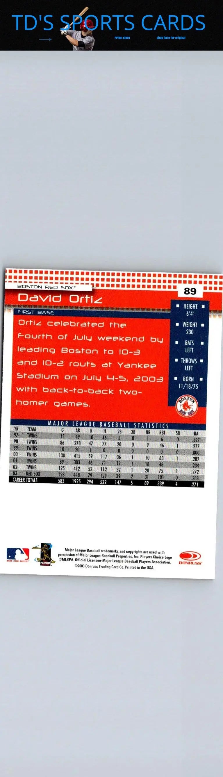 Back of 2004 Donruss #89 David Ortiz baseball card showcasing player stats and details