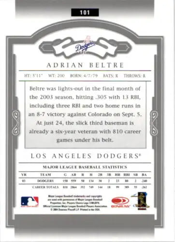 Back view of 2004 Donruss Classics Adrian Beltre baseball card with original gloss