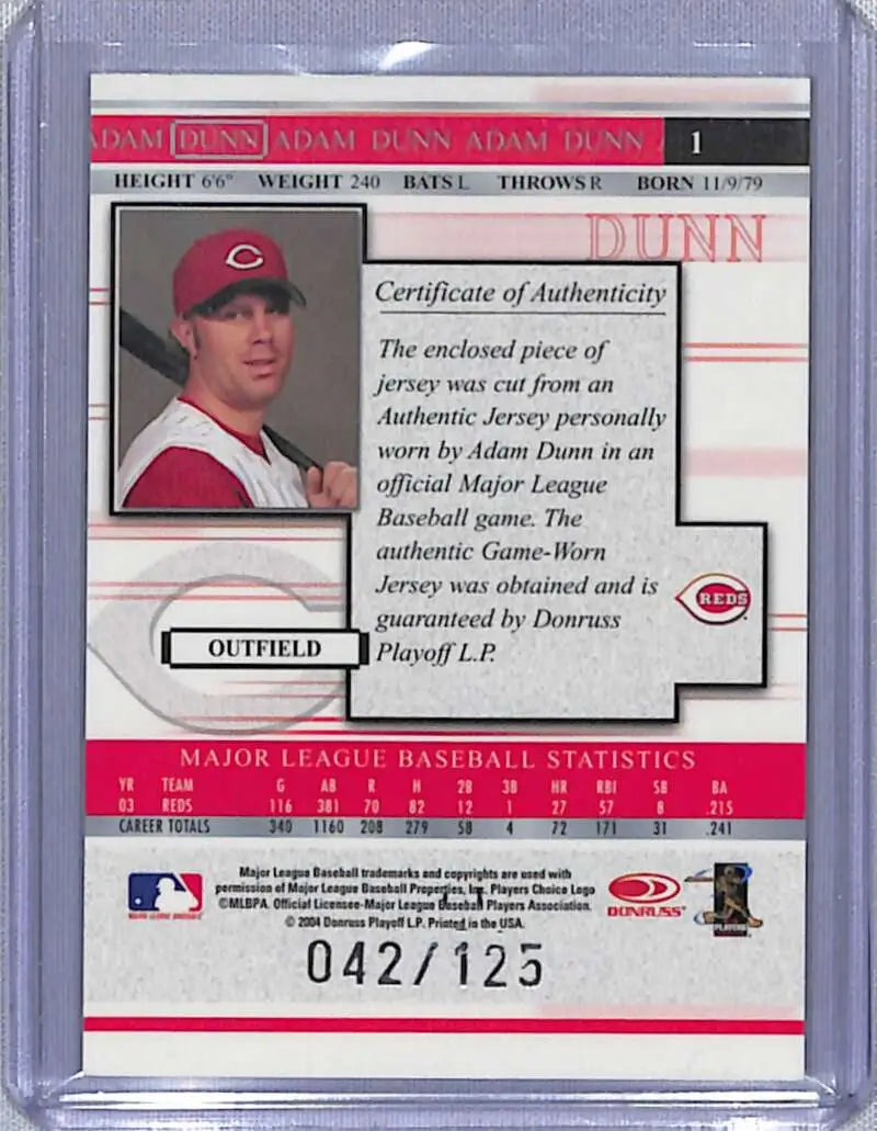 Adam Dunn baseball card from 2004 Donruss Timelines series numbered #/125