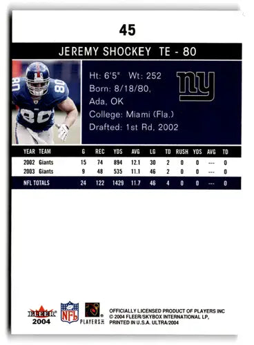 Fleer Ultra Jeremy Shockey New York Giants football card with original gloss