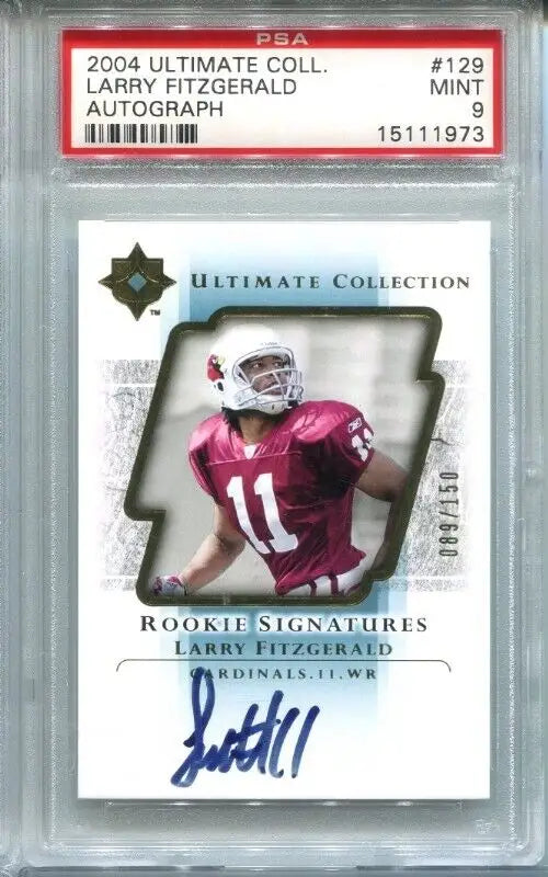 Larry Fitzgerald autographed rookie card from 2004 Upper Deck Ultimate in PSA Mint 9 condition