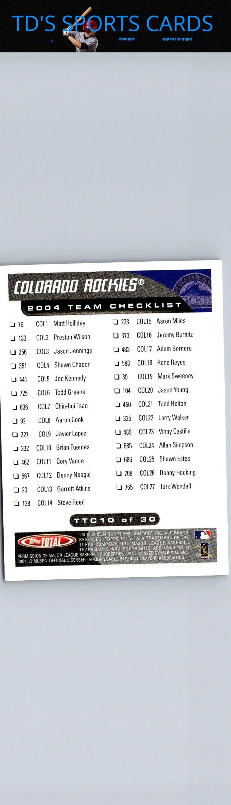 Colorado Rockies 2004 team checklist featuring Todd Helton Silver from Topps Total