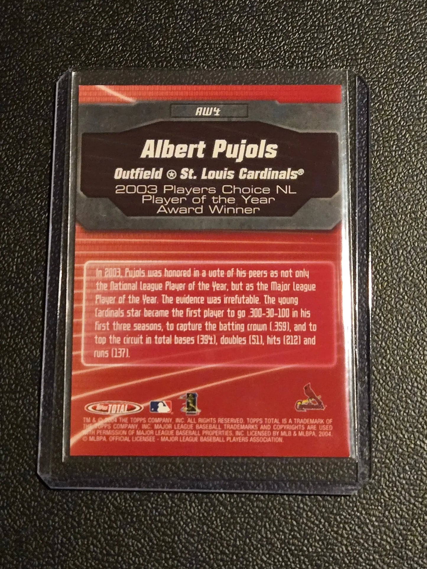 Baseball trading card of Albert Pujols in protective sleeve from 2004 Topps Total AW4 Albert Pujols Total Award Winners