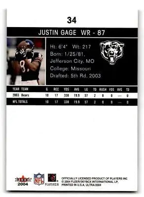 Justin Gage football card from 2004 Ultra #34, a valuable trading card collectible