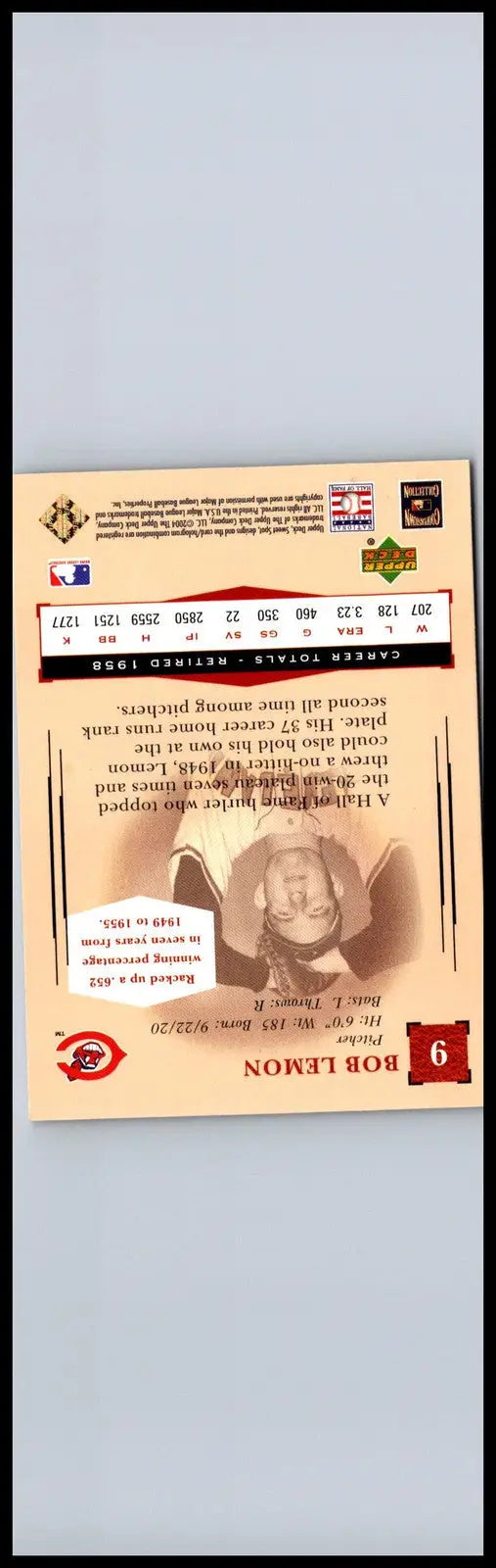 Bob Lemon baseball card from 2004 Upper Deck Sweet Spot Classic #9 collectible set