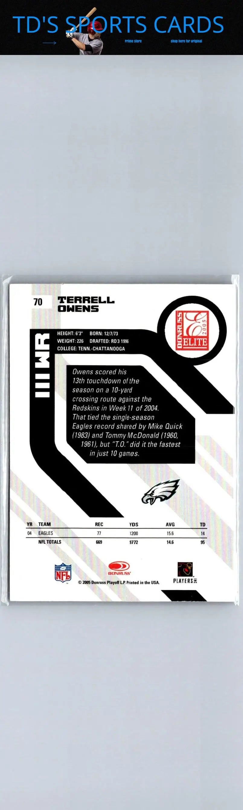 2005 Donruss Elite Terrell Owens football card displayed in collectible sports card collection