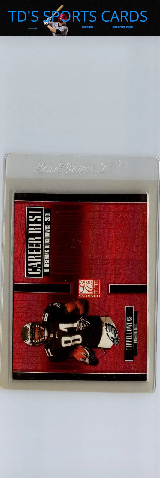 Football trading card of Terrell Owens from 2005 Donruss Elite Owens Career Best Red #/1000