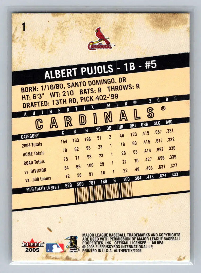 2005 Fleer Authentix #1 Albert Pujols St. Louis Cardinals baseball card collectible
