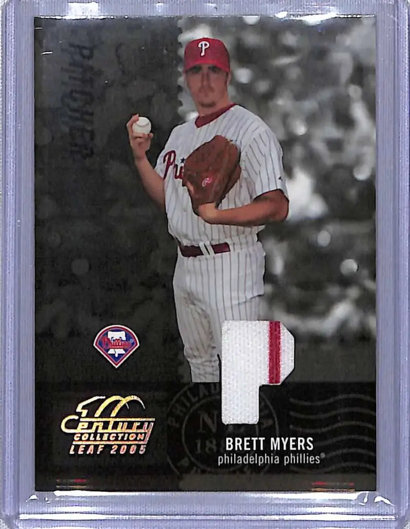 Baseball card of Brett Myers in pinstriped uniform with material fabric position details