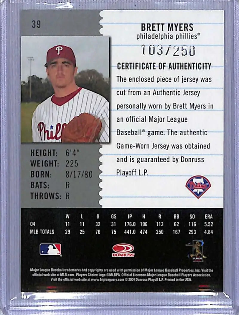 Baseball card of Brett Myers in red uniform with 103/250 material fabric position certificate