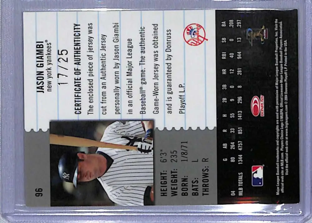 Baseball card of Jason Giambi in pinstriped Yankees uniform, 2005 Leaf Century