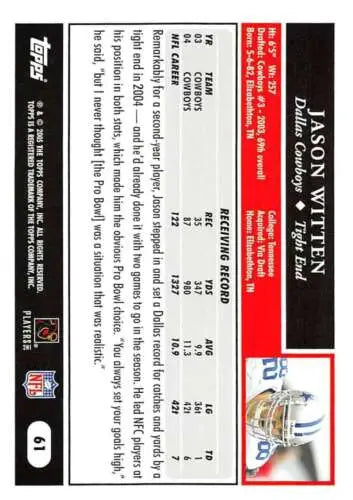 2005 Topps #61 Jason Witten NM-MT Cowboys card with original gloss and Simply Sandoval ID
