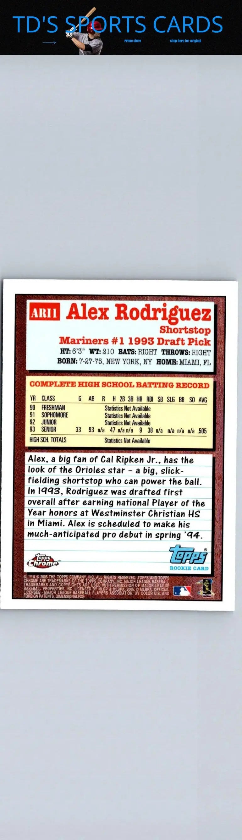 2005 Topps #ARI1 Alex Rodriguez baseball card featuring A-Rod Spokesman design
