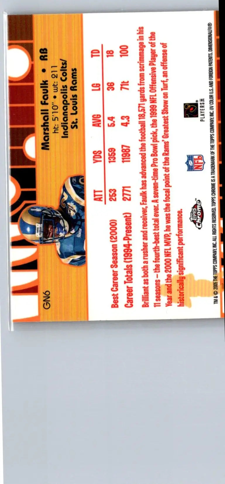 Collectible football card of Marshall Faulk GN6 showcasing career stats and achievements