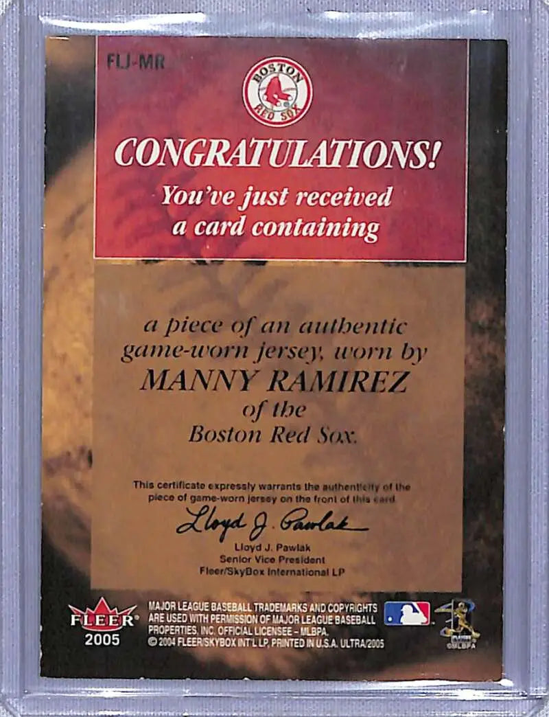 Certificate of authenticity for a game-worn Manny Ramirez Follow the Leader Jersey Copper