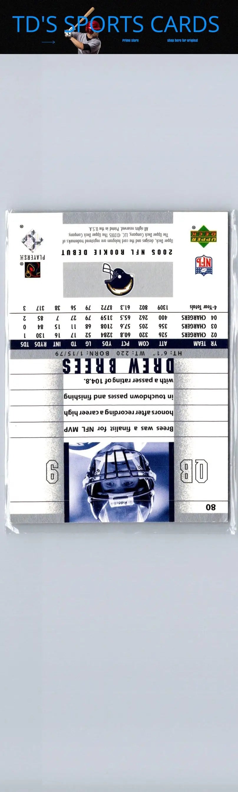 Drew Brees rookie football card from 2002 Upper Deck Rookie Debut series
