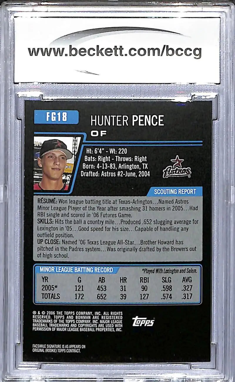Graded Hunter Pence baseball card from Bowman Draft Picks Houston Astros BCCG 10