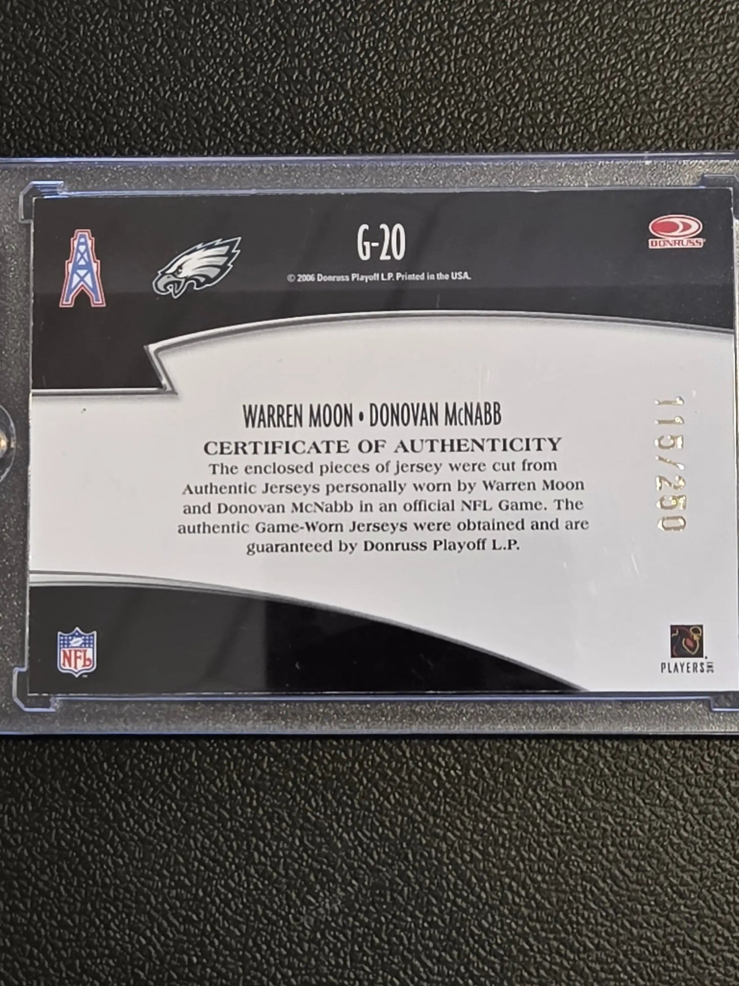 Authentic Warren Moon and Donovan McNabb Generations Materials certificate card for 2006 Donruss Threads