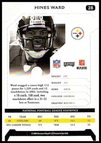Hines Ward 2006 Playoff NFL Playoffs football card with original gloss, Near Mint condition