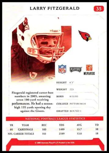 Larry Fitzgerald football card, 2006 Playoff NFL Playoffs #35, original gloss, Near Mint
