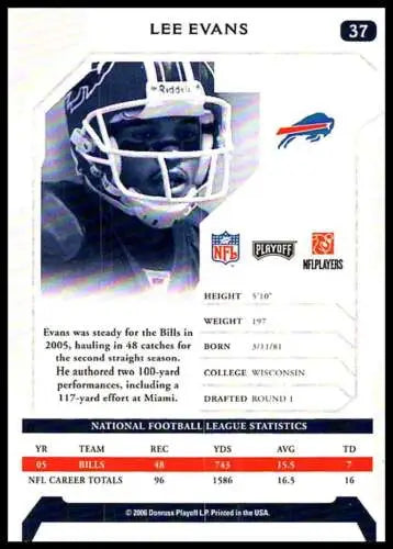 Lee Evans 2006 Playoff NFL Playoffs football card with original gloss, Near Mint condition
