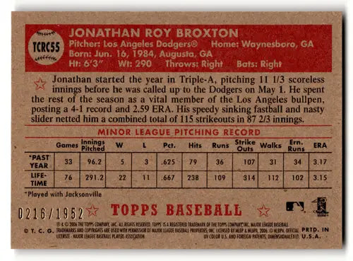 Baseball card back featuring original gloss of 2006 Topps 1952 Edition Chrome Jonathan Broxton