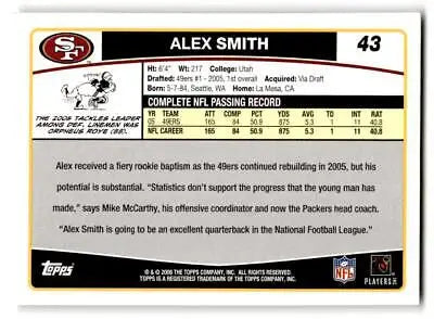 2006 Topps #43 Alex Smith trading card showcasing the quarterback’s football career